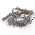 Rustic Stone Wall And Wooden Bridge Structure With Scattered Stones And Dry Branches