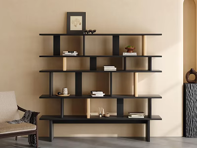 Modern Black Wooden Bookcase With Multiple Shelves Books And Decorative Items 3d model