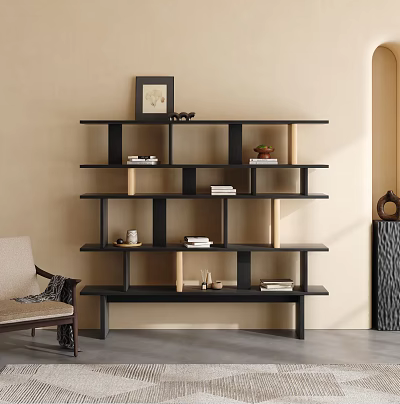 Modern Black Wooden Bookcase With Multiple Shelves Books And Decorative Items 3d model