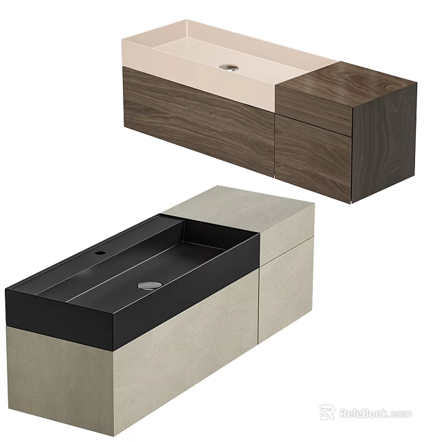 Modern Bathroom Vanity With Wooden Cabinet Black Basin And Beige Panel Design 3d model 