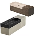 Modern Bathroom Vanity With Wooden Cabinet Black Basin And Beige Panel Design