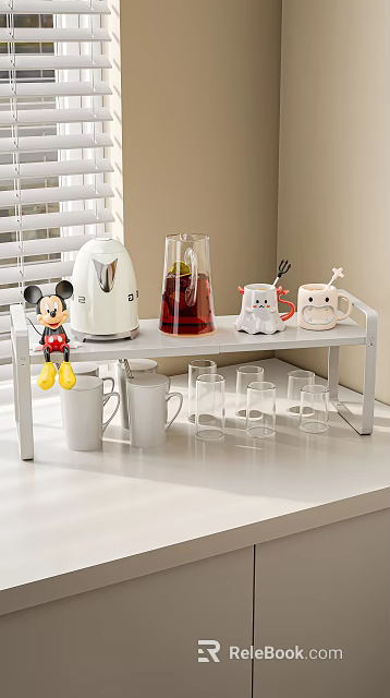 Cute Decorative Ornament Set with Mickey Ornament Kettle Glass Pitcher Cartoon Mugs on Shelf 3d model 