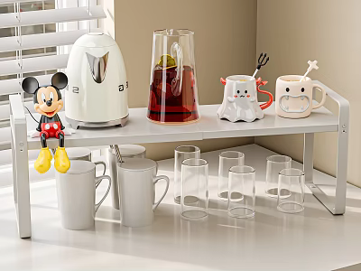 Cute Decorative Ornament Set with Mickey Ornament Kettle Glass Pitcher Cartoon Mugs on Shelf 3d model