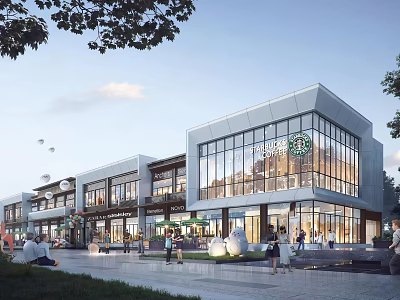 Modern Commercial Street With Glass Facades Storefronts Pedestrian Walkways And Outdoor Greenery 3d model