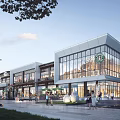 Modern Commercial Street With Glass Facades Storefronts Pedestrian Walkways And Outdoor Greenery