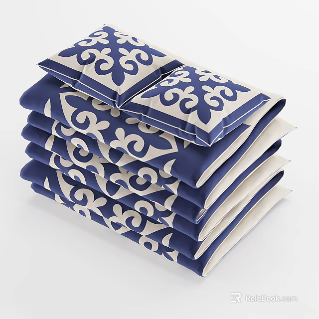 Stacked Blue And White Patterned Decorative Throw Pillows For Home Decor 3d model