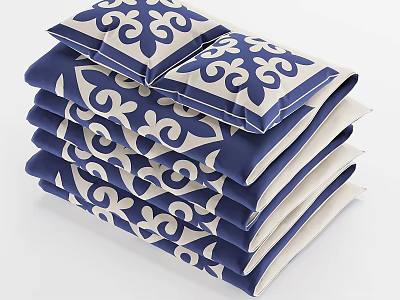 Stacked Blue And White Patterned Decorative Throw Pillows For Home Decor 3d model