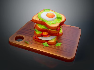 Stacked Sandwich With Fried Egg Green Sauce Tomato Slices On Wooden Cutting Board 3d model