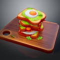 Stacked Sandwich With Fried Egg Green Sauce Tomato Slices On Wooden Cutting Board