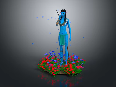 Blue Skinned Fantasy Movie Character Standing Amidst Colorful Flowers With Spear And Butterflies 3d model