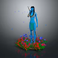 Blue Skinned Fantasy Movie Character Standing Amidst Colorful Flowers With Spear And Butterflies
