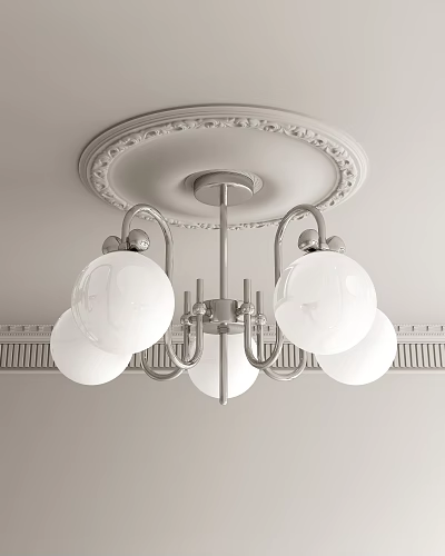 Modern Chandelier With White Spherical Shades And Silver Metal Frame On Decorative Ceiling 3d model