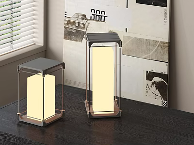 Two Square Design Outdoor Lights With Metal Frame And White Lampshade On Table 3d model