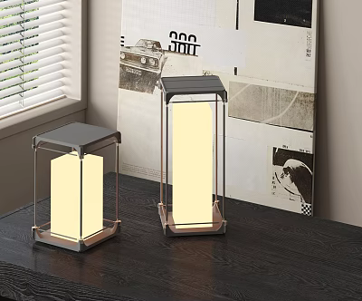 Two Square Design Outdoor Lights With Metal Frame And White Lampshade On Table 3d model
