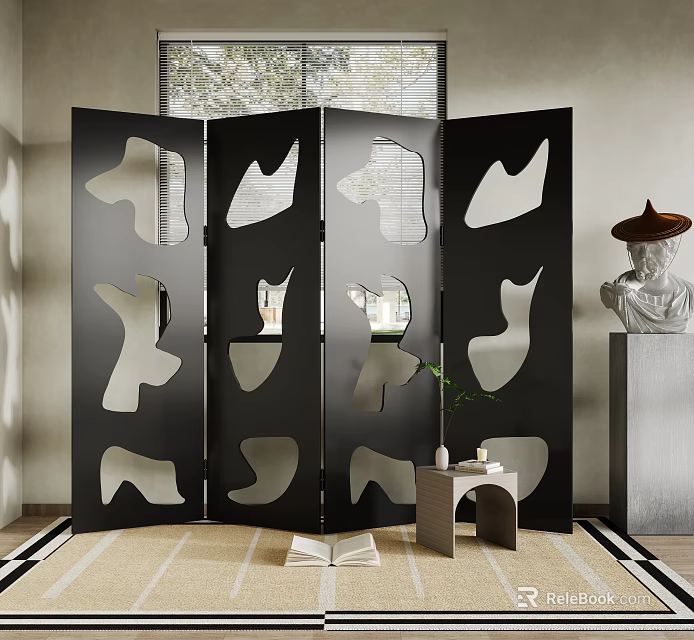 Modern Black Folding Screen With Abstract Cutout Design For Interior Decor 3d model