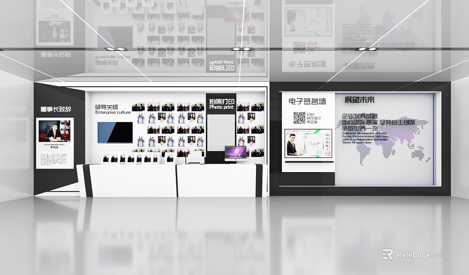 Exhibition Hall Culture Wall Featuring Company Photos Text Information And World Map 3d model 