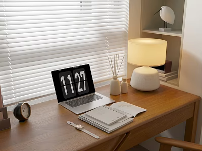 Warm Wooden Desk Setup With Laptop Time Display Notebook Pen Table Lamp And Window Blinds 3d model