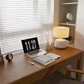 Warm Wooden Desk Setup With Laptop Time Display Notebook Pen Table Lamp And Window Blinds