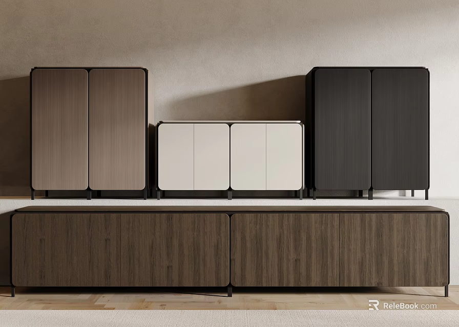 Modern TV Stand Design With Wooden Storage Cabinets And Different Color Doors 3d model 