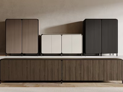 Modern TV Stand Design With Wooden Storage Cabinets And Different Color Doors 3d model