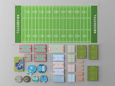 Football Field Layout Design With Yard Markers And Various Sports Field Diagrams 3d model