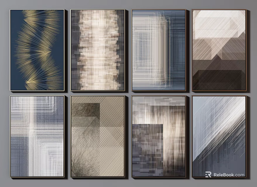 Abstract Decorative Paintings In Various Styles With Geometric Lines Light Effects And Dark Frames 3d model