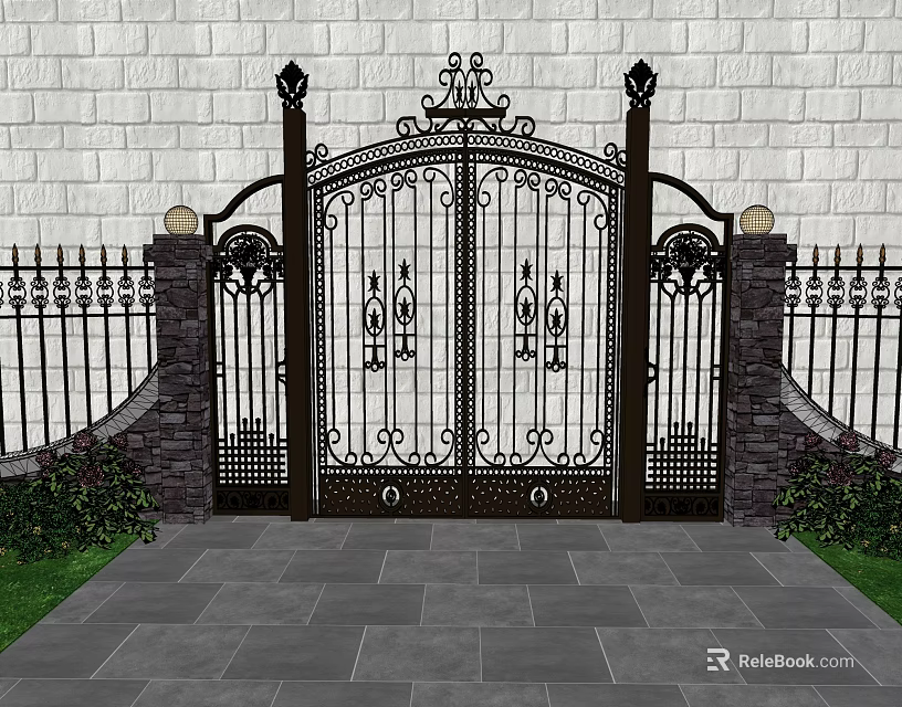 Ornate Wrought Iron Gate With Decorative Lamps Pillars Stone Pathway And Greenery 3d model 