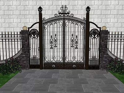 Ornate Wrought Iron Gate With Decorative Lamps Pillars Stone Pathway And Greenery 3d model