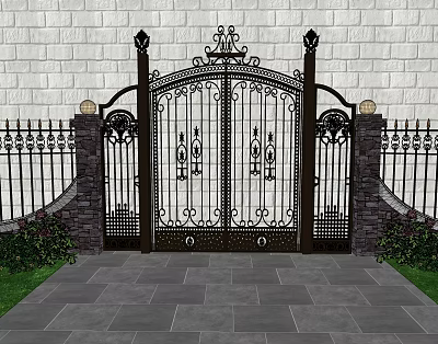 Ornate Wrought Iron Gate With Decorative Lamps Pillars Stone Pathway And Greenery 3d model