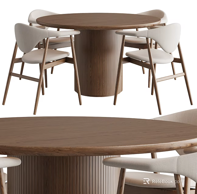 Round Wooden Dining Table and Chairs Set with Light Upholstered Seats Modern Minimalist Home Furniture Design 3d model 