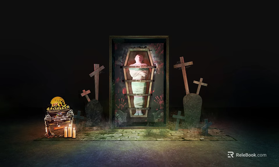 Halloween Spooky Scene With Coffin Cross Tombstones Jack O Lantern And Candles 3d model 