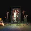 Halloween Spooky Scene With Coffin Cross Tombstones Jack O Lantern And Candles