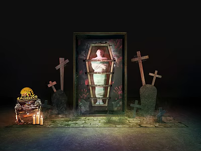 Halloween Spooky Scene With Coffin Cross Tombstones Jack O Lantern And Candles 3d model
