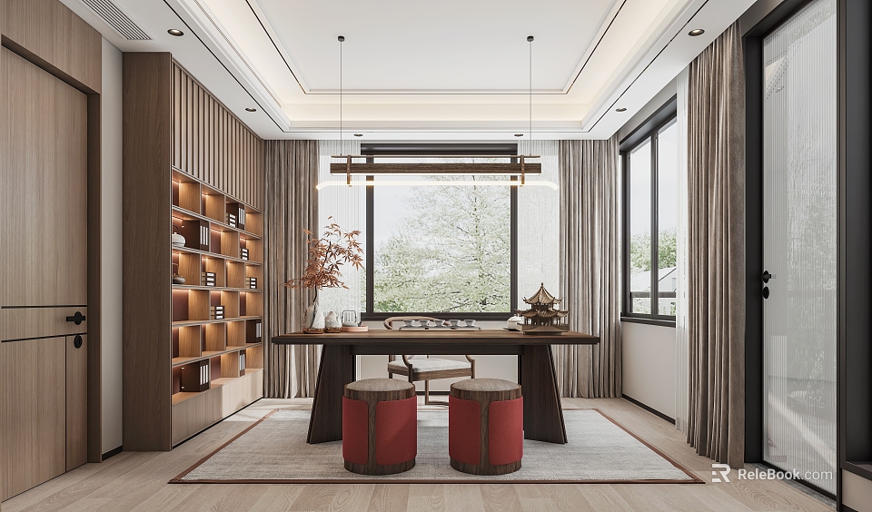 Modern Chinese Tea Room With Wooden Bookshelves Long Table Red Drum Stools And Hanging Lamp 3d model 