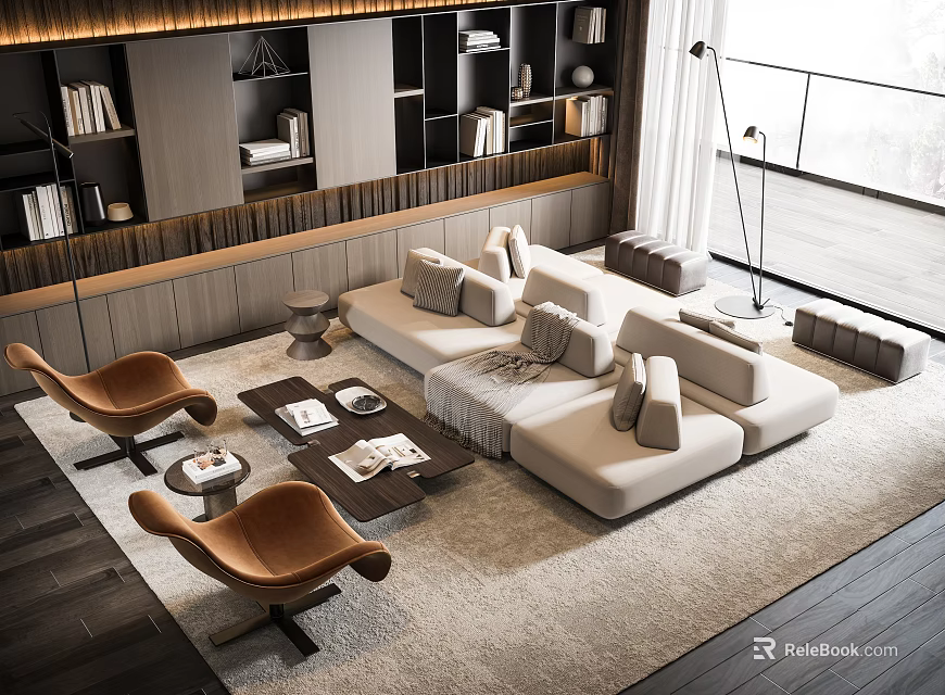 Modern Luxury Sofa and Coffee Table Set With Beige Upholstery Accent Chairs and Area Rug 3d model 
