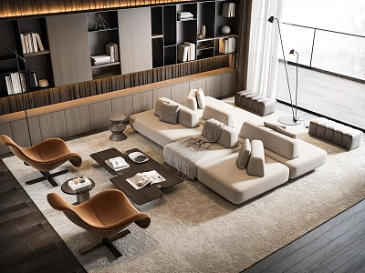 Modern Luxury Sofa and Coffee Table Set With Beige Upholstery Accent Chairs and Area Rug 3d model