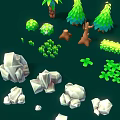 Wooden and Stone Elements with Various Trees Shrubs Rocks and Natural Shapes