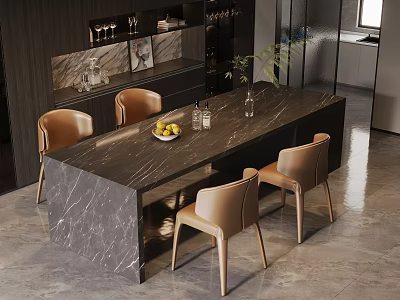 Elegant Modern Dining Table With Marble Top Beige Chairs Fruit Bowl Vase And Dark Cabinets 3d model