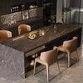 Elegant Modern Dining Table With Marble Top Beige Chairs Fruit Bowl Vase And Dark Cabinets