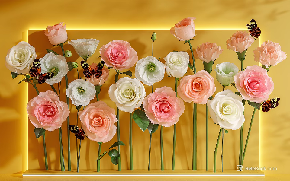 Floral Display With Pink White Roses Green Leaves Butterflies On Yellow Background 3d model 