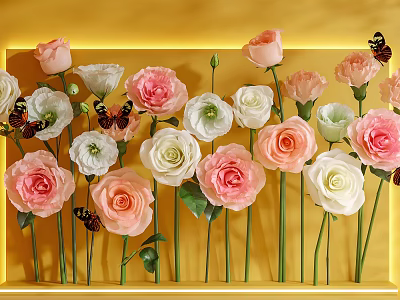 Floral Display With Pink White Roses Green Leaves Butterflies On Yellow Background 3d model