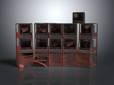 Reddish Brown Metal Cube Structures Artistic Installation With Symmetrical Arrangement And Items Inside Display Shelves 3d model