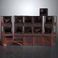 Reddish Brown Metal Cube Structures Artistic Installation With Symmetrical Arrangement And Items Inside Display Shelves 3d model