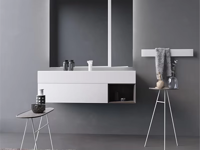 Modern Minimalist White Washbasin With Wall Mounted Mirror Cabinet And Side Table 3d model
