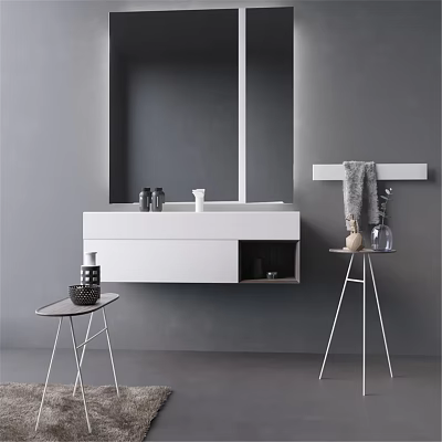 Modern Minimalist White Washbasin With Wall Mounted Mirror Cabinet And Side Table 3d model