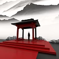 Art Installation Of Chinese Pavilion With Red Platform Carpet And Ink Painting Mountains