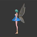 Vibrant Game Movie Fairy Character With Teal Hair Golden Wings Blue Dress And Yellow Boots