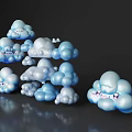 Cloud Shaped Decorative Ornament Set with Blue White Various Sizes Shiny Surface Dark Background Reflections 3d model