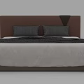 Double Bed with Brown Headboard Two Gray Pillows White Bedspread and Black White Patterned Blanket 3d model