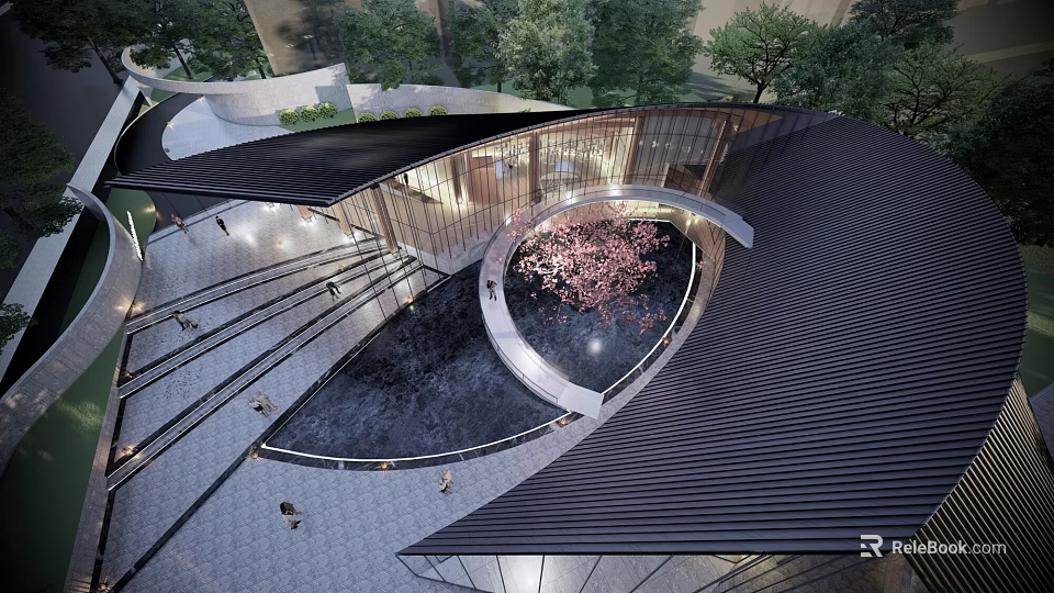 Modern Sales Office Building Design With Unique Roof Water Pool And Surrounding Trees 3d model 